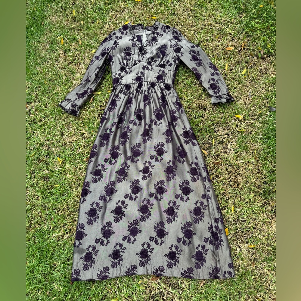 70s Vintage Victorian Revival Silver Floral Maxi Dress Sz Sm